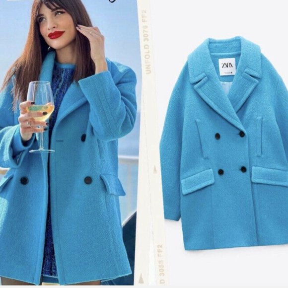 ZARA WOMEN NEW OVERSIZED DOUBLE-BREASTED COAT WOOL BLEND TURQUOISE SIZE M 2… - Picture 2 of 10